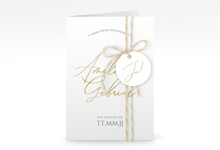 Einladungskarte Hochzeit Federschrift A6 Klappkarte hoch weiss gold in schlichtem Design mit Kalligrafie