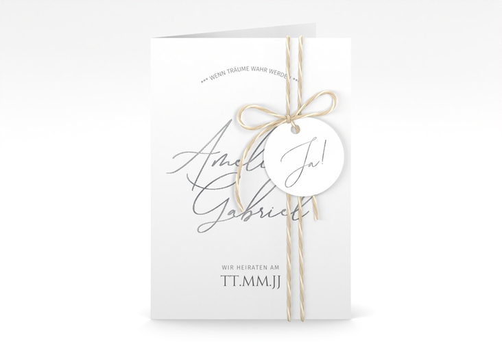 Einladungskarte Hochzeit Federschrift A6 Klappkarte hoch weiss silber in schlichtem Design mit Kalligrafie