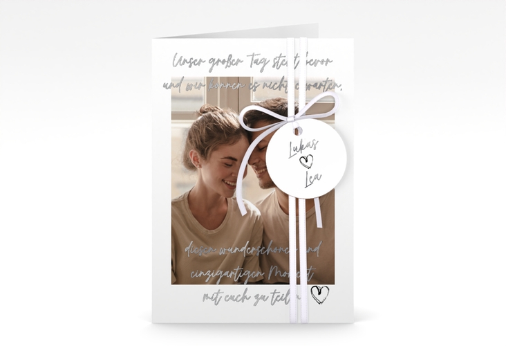 Einladungskarte Hochzeit Liebesbrief A6 Klappkarte hoch weiss silber