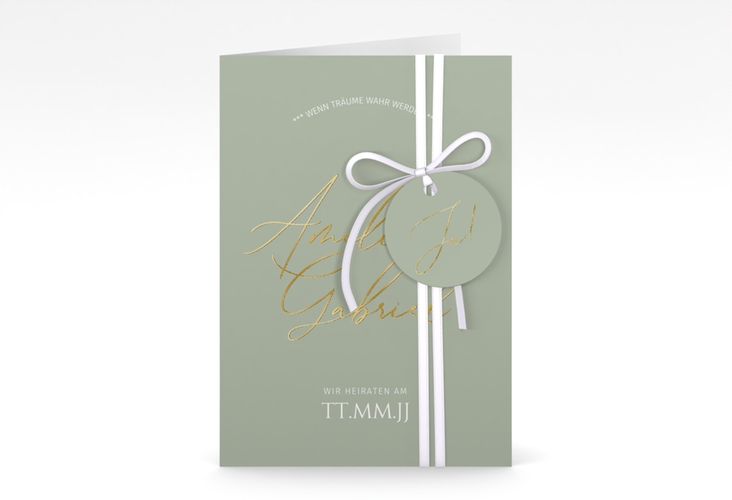 Einladungskarte Hochzeit Federschrift A6 Klappkarte hoch gruen gold in schlichtem Design mit Kalligrafie