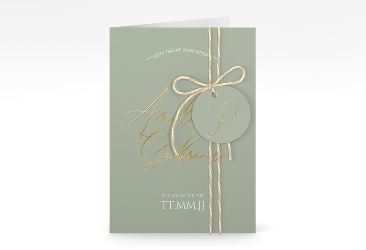 Einladungskarte Hochzeit Federschrift A6 Klappkarte hoch gruen gold in schlichtem Design mit Kalligrafie