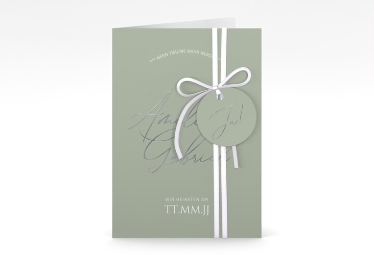 Einladungskarte Hochzeit Federschrift A6 Klappkarte hoch gruen silber in schlichtem Design mit Kalligrafie