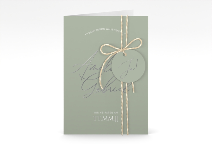 Einladungskarte Hochzeit Federschrift A6 Klappkarte hoch gruen silber in schlichtem Design mit Kalligrafie