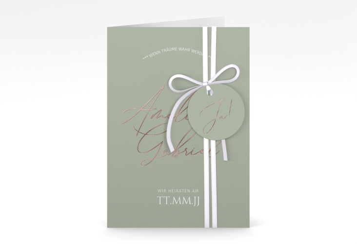 Einladungskarte Hochzeit Federschrift A6 Klappkarte hoch gruen rosegold in schlichtem Design mit Kalligrafie