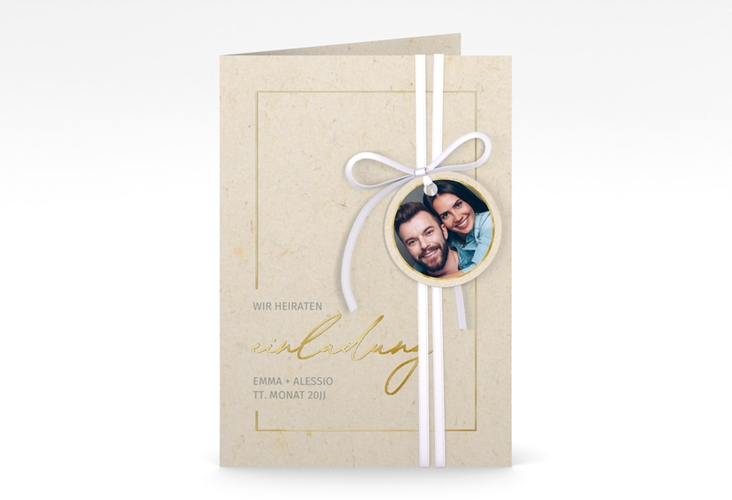 Einladungskarte Hochzeit Simple Line A6 Klappkarte hoch beige gold