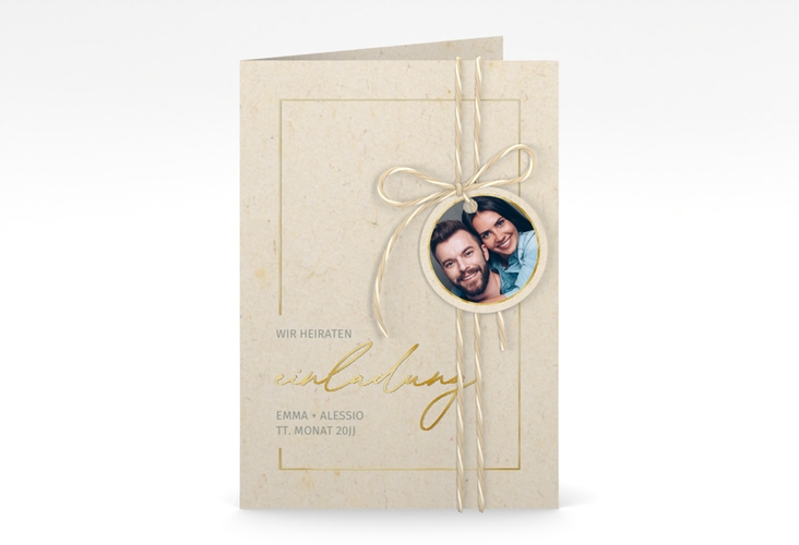 Einladungskarte Hochzeit Simple Line A6 Klappkarte hoch beige gold