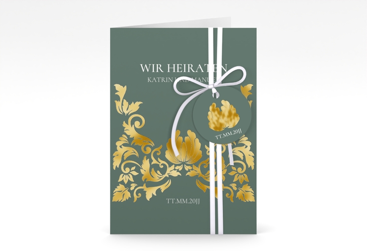Einladungskarte Hochzeit Royal A6 Klappkarte hoch gruen gold mit barockem Blumen-Ornament