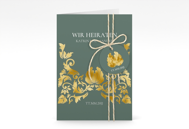 Einladungskarte Hochzeit Royal A6 Klappkarte hoch gruen gold mit barockem Blumen-Ornament