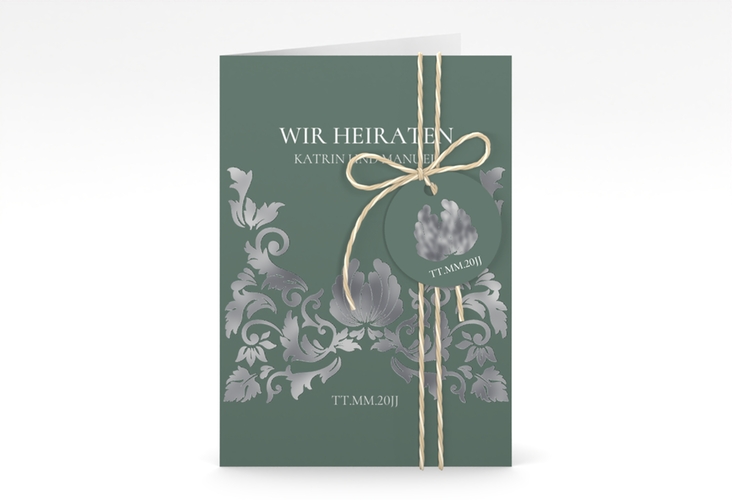 Einladungskarte Hochzeit Royal A6 Klappkarte hoch gruen silber mit barockem Blumen-Ornament