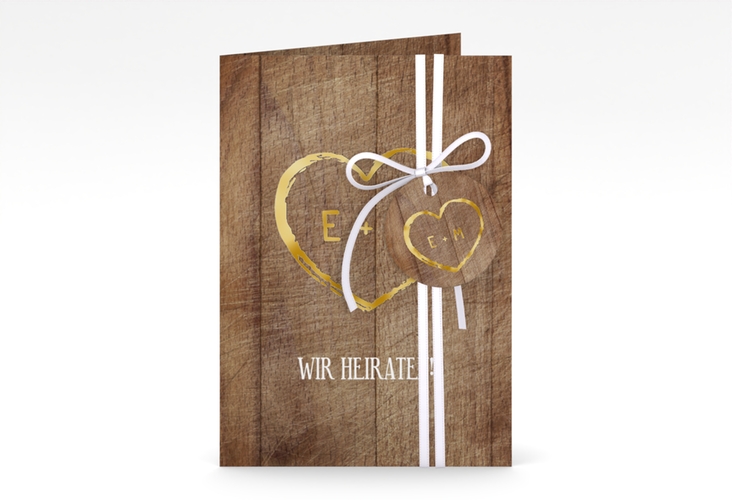 Einladungskarte Hochzeit Wood A6 Klappkarte hoch braun gold