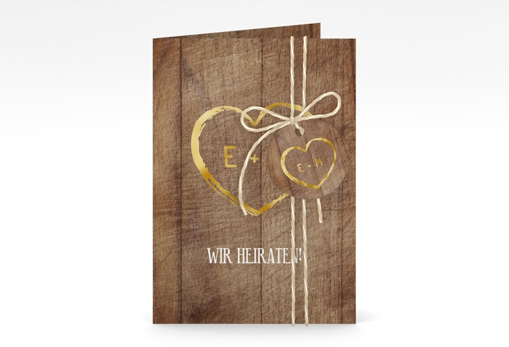 Einladungskarte Hochzeit Wood A6 Klappkarte hoch braun gold