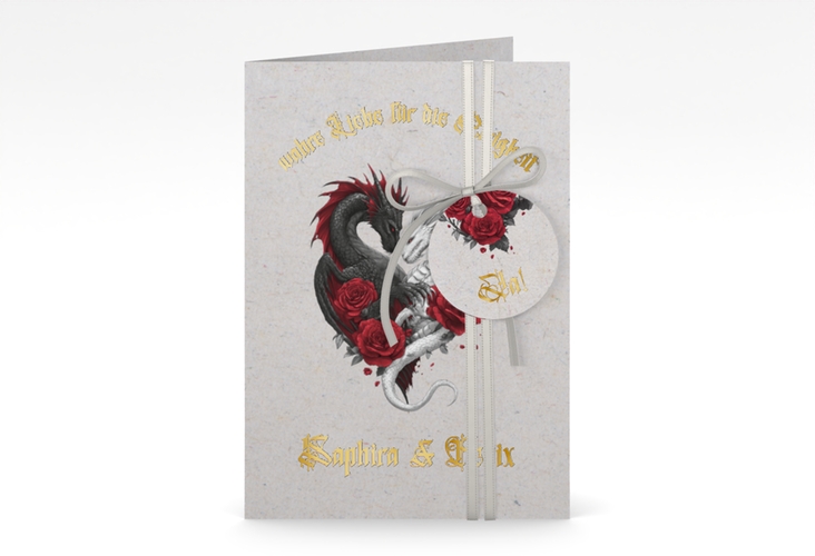 Einladungskarte Hochzeit Drachenliebe A6 Klappkarte hoch grau gold mit schwarzem und weißem Drachen zu einem Herz verschlungen