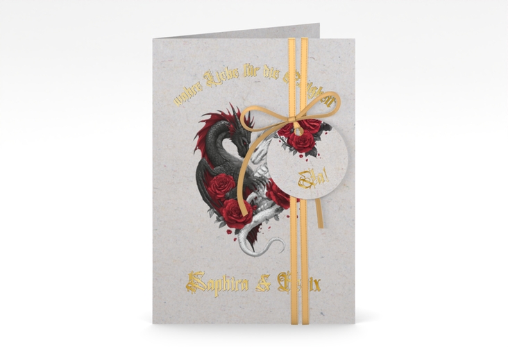 Einladungskarte Hochzeit Drachenliebe A6 Klappkarte hoch grau gold mit schwarzem und weißem Drachen zu einem Herz verschlungen