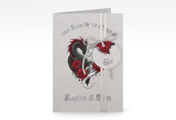 Einladungskarte Hochzeit Drachenliebe A6 Klappkarte hoch grau silber mit schwarzem und weißem Drachen zu einem Herz verschlungen