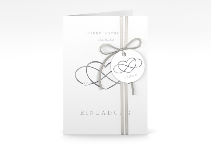 Einladungskarte Hochzeit Infinity A6 Klappkarte hoch grau silber