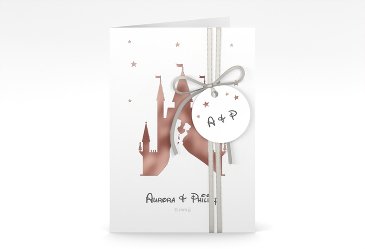 Einladungskarte Hochzeit Castle A6 Klappkarte hoch grau rosegold