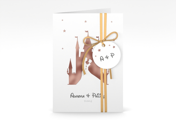 Einladungskarte Hochzeit Castle A6 Klappkarte hoch grau rosegold