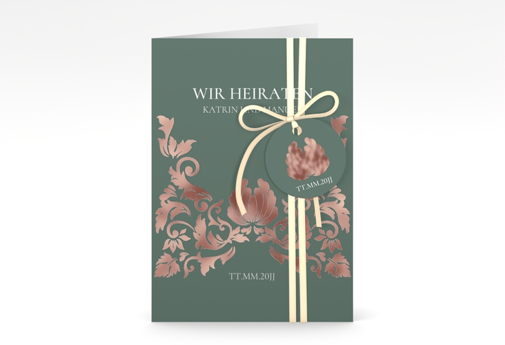 Einladungskarte Hochzeit Royal A6 Klappkarte hoch gruen rosegold mit barockem Blumen-Ornament