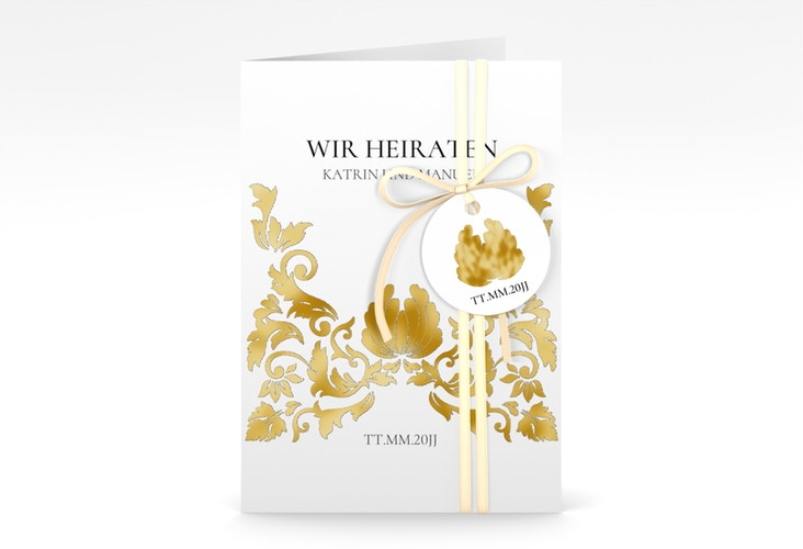 Einladungskarte Hochzeit Royal A6 Klappkarte hoch weiss gold mit barockem Blumen-Ornament