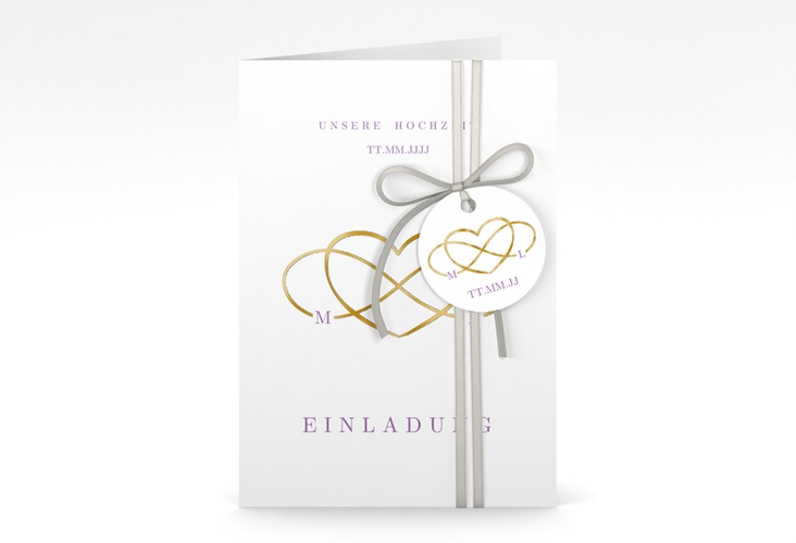 Einladungskarte Hochzeit Infinity A6 Klappkarte hoch lila gold