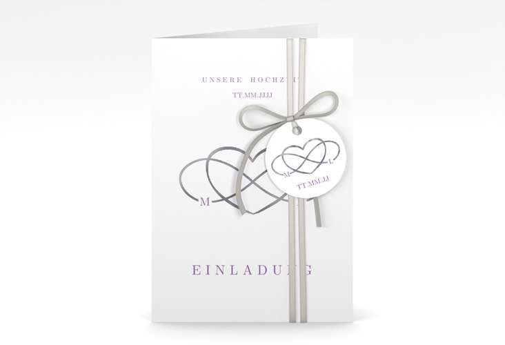 Einladungskarte Hochzeit Infinity A6 Klappkarte hoch lila silber