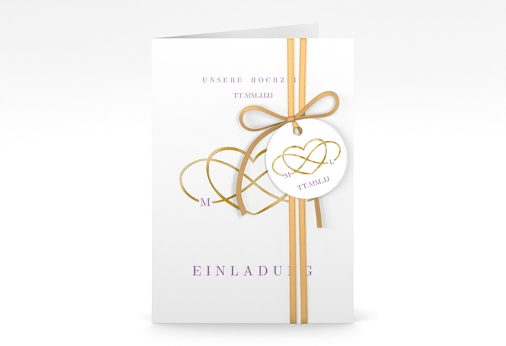 Einladungskarte Hochzeit Infinity A6 Klappkarte hoch lila gold