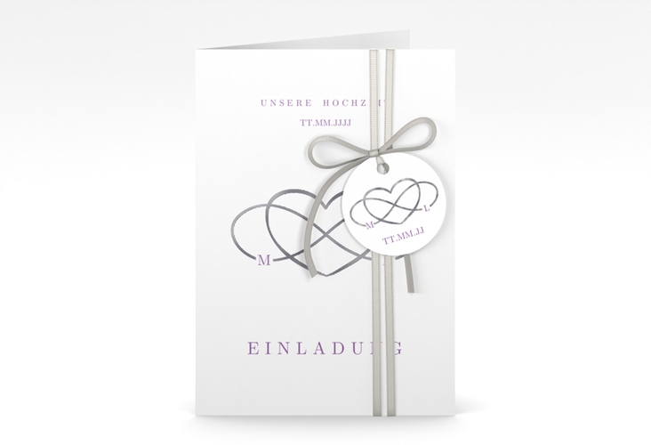 Einladungskarte Hochzeit Infinity A6 Klappkarte hoch lila silber