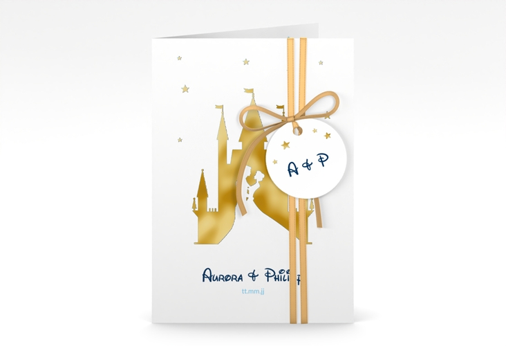 Einladungskarte Hochzeit Castle A6 Klappkarte hoch blau gold