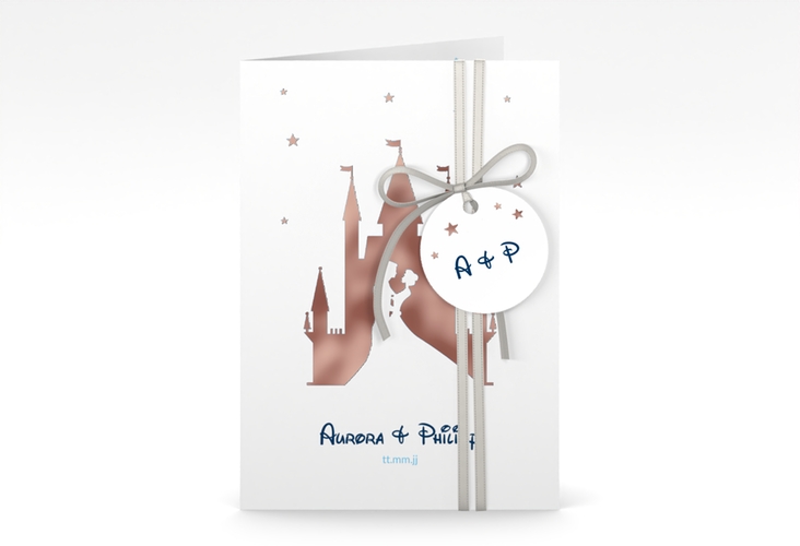 Einladungskarte Hochzeit Castle A6 Klappkarte hoch blau rosegold
