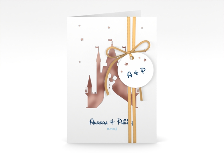 Einladungskarte Hochzeit Castle A6 Klappkarte hoch blau rosegold