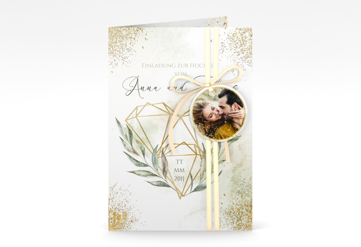 Einladungskarte Hochzeit Heartfelt A6 Klappkarte hoch weiss gold mit Diamanten im Geometric Design
