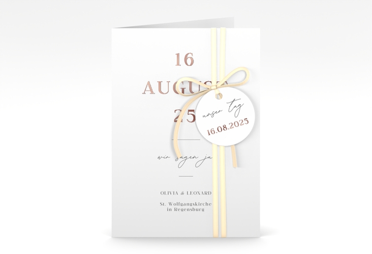 Einladungskarte Hochzeit Authentisch A6 Klappkarte hoch weiss rosegold in schlichtem Design mit großem Hochzeitsdatum