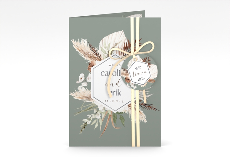 Einladungskarte Hochzeit Bohemian A6 Klappkarte hoch gruen silber mit Gräsern und Trockenblumen für Boho-Hochzeit
