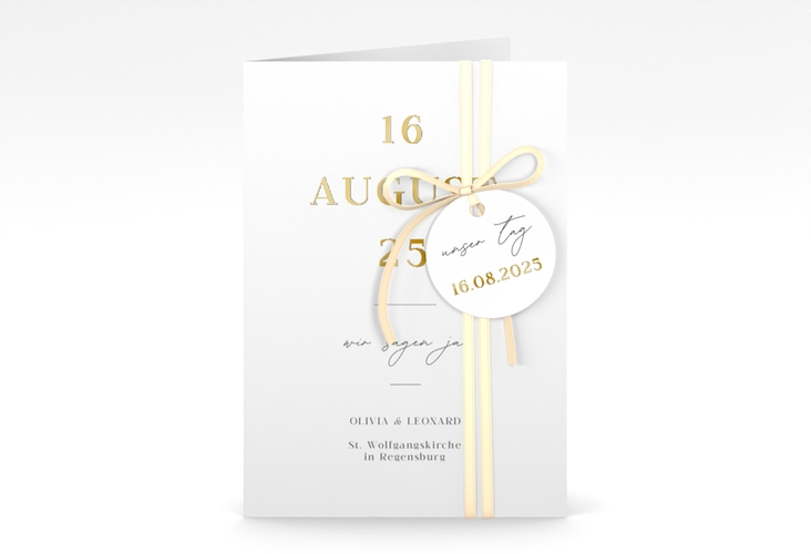 Einladungskarte Hochzeit Authentisch A6 Klappkarte hoch weiss gold in schlichtem Design mit großem Hochzeitsdatum