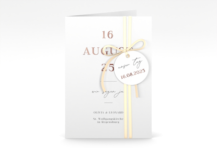 Einladungskarte Hochzeit Authentisch A6 Klappkarte hoch weiss rosegold in schlichtem Design mit großem Hochzeitsdatum