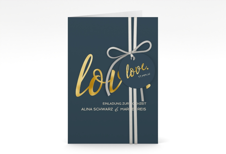 Einladungskarte Hochzeit Glam A6 Klappkarte hoch blau gold