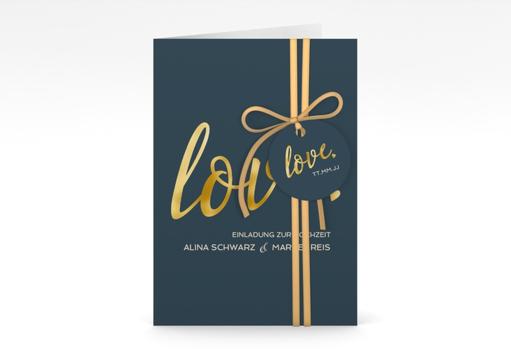 Einladungskarte Hochzeit Glam A6 Klappkarte hoch blau gold