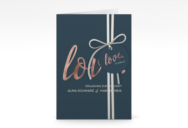 Einladungskarte Hochzeit Glam A6 Klappkarte hoch blau rosegold