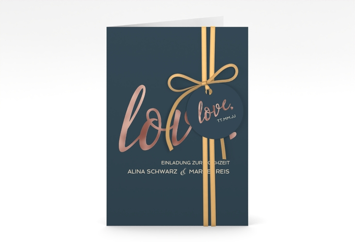 Einladungskarte Hochzeit Glam A6 Klappkarte hoch blau rosegold