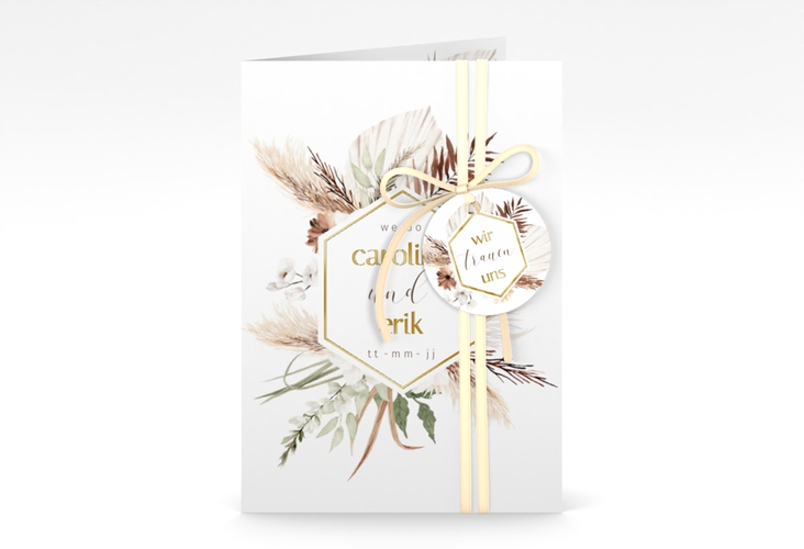 Einladungskarte Hochzeit Bohemian A6 Klappkarte hoch weiss gold mit Gräsern und Trockenblumen für Boho-Hochzeit