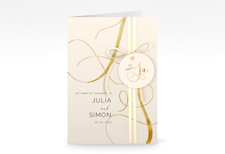 Hochzeitseinladung Eheschließung A6 Klappkarte hoch beige gold mit Gräsern und Trockenblumen für Boho-Hochzeit