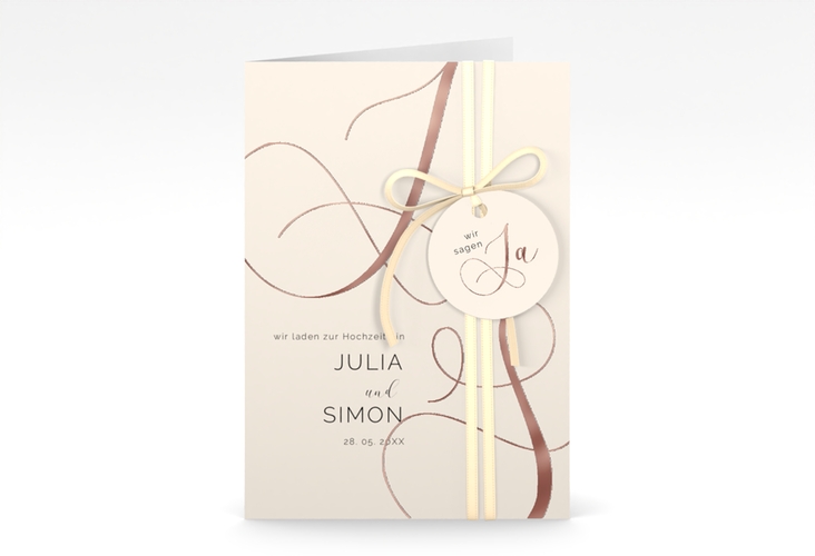 Hochzeitseinladung Eheschließung A6 Klappkarte hoch beige rosegold mit Gräsern und Trockenblumen für Boho-Hochzeit