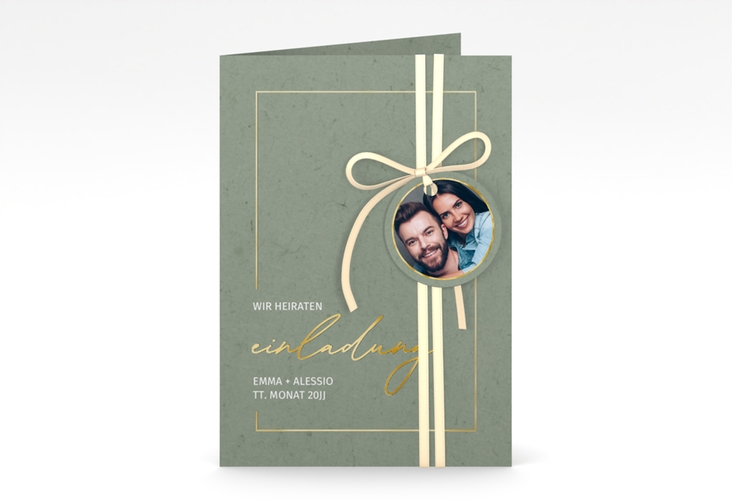 Einladungskarte Hochzeit Simple Line A6 Klappkarte hoch gruen gold
