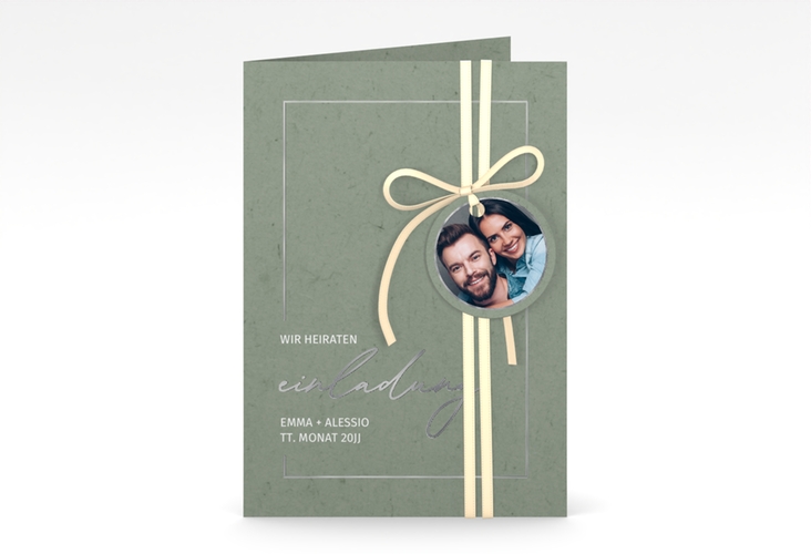 Einladungskarte Hochzeit Simple Line A6 Klappkarte hoch gruen silber