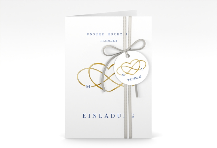 Einladungskarte Hochzeit Infinity A6 Klappkarte hoch blau gold