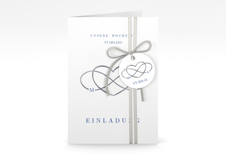 Einladungskarte Hochzeit Infinity A6 Klappkarte hoch blau silber