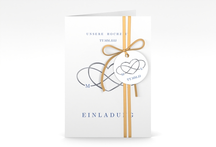 Einladungskarte Hochzeit Infinity A6 Klappkarte hoch blau silber