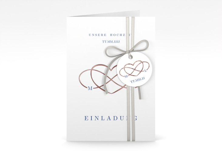 Einladungskarte Hochzeit Infinity A6 Klappkarte hoch blau rosegold