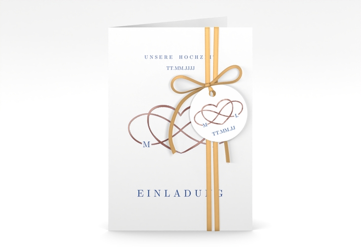 Einladungskarte Hochzeit Infinity A6 Klappkarte hoch blau rosegold