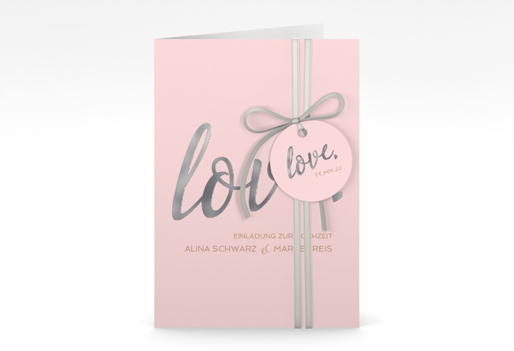 Einladungskarte Hochzeit Glam A6 Klappkarte hoch rosa silber